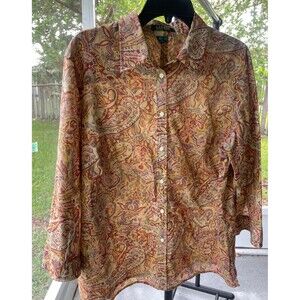 Lauren Ralph Lauren Sz 1X Button-Down Collared Tan Purple Paisley  Old Money